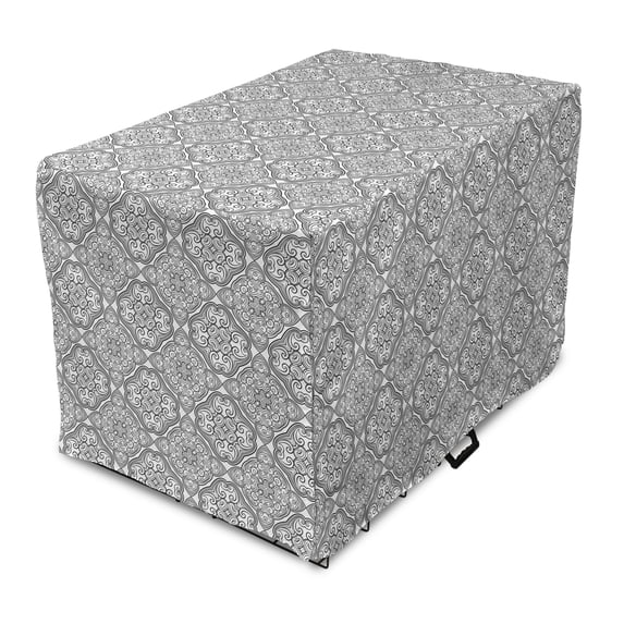 Victorian Dog Crate Cover, Vintage Monochrome Style Damask Themed Tile Ornamental Design on Repetition, Easy to Use Pet Kennel Cover Small Dogs Puppies Kittens, 7 Sizes, Dimgray White, by Ambesonne