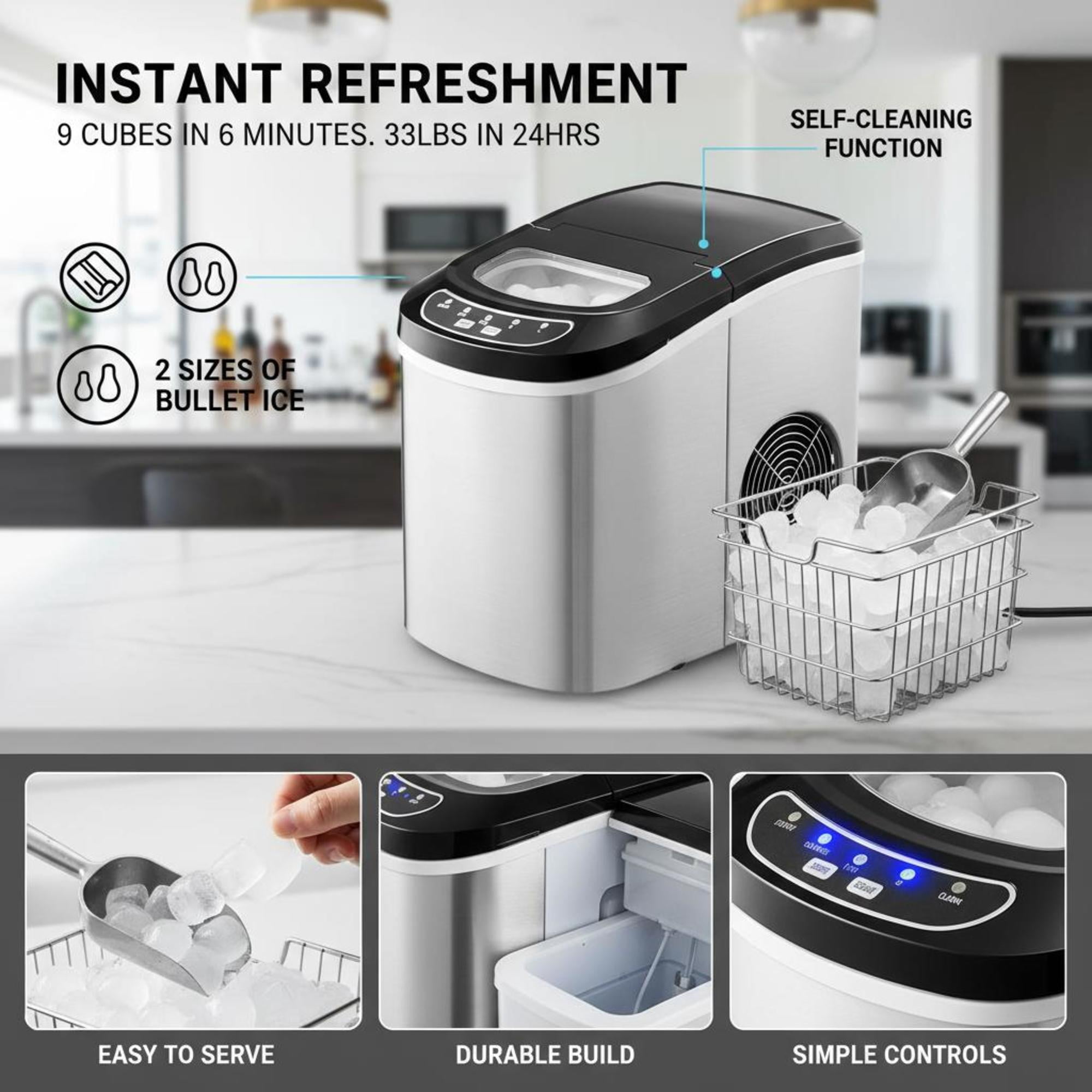Countertop Bullet Ice Maker, 33 lbs/24H Portable Ice Machine, 9 Cubes Ready in 6 Mins, 2 Ice Sizes, Self-Cleaning Ice Maker with Scoop & Basket, Quiet ≤45dB for Home Kitchen Office Bar Party