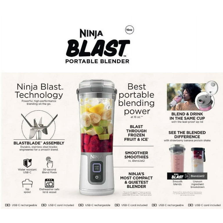 Ninja Blast 16 oz. Personal Portable Blender with Leak Proof Lid and Easy Sip Spout, Perfect for Smoothies, White, Bc100wh