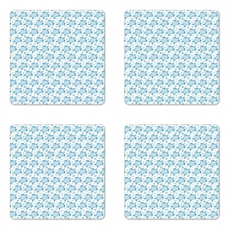 

Turtle Coaster Set of 4 Subaquatic Animals Illustration Monochrome Sea Turtle and Shells Ocean Elements Square Hardboard Gloss Coasters Standard Size Blue and White by Ambesonne