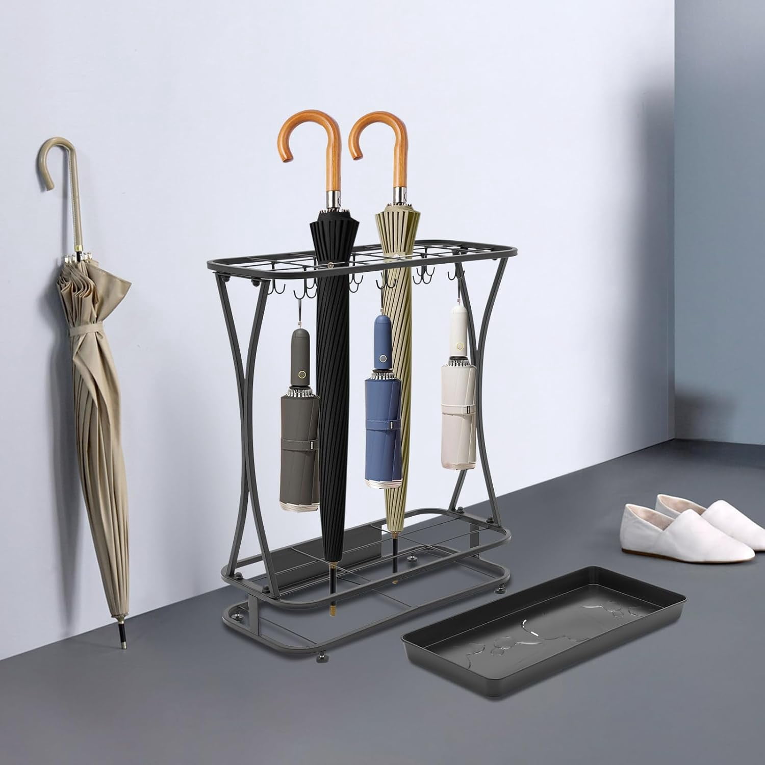 Umbrella Holder Stand, Freestanding Umbrella Organizer with 18 Slots & 20 Hooks for Home, Office & Hotel