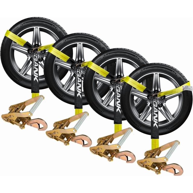 Heavy Duty Car Tie Down Kit - ;x; with lb Working Load - Adjustable Straps with Snap Hooks (Yellow)