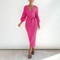 thumbnail image 2 of IROINNID Sweater Dress for Women V Neck Sweater Dress Puff Long Sleeve Slim Fit Bodycon Fall Winter Ribbed Knit Dresses Deals,Hot Pink, 2 of 9