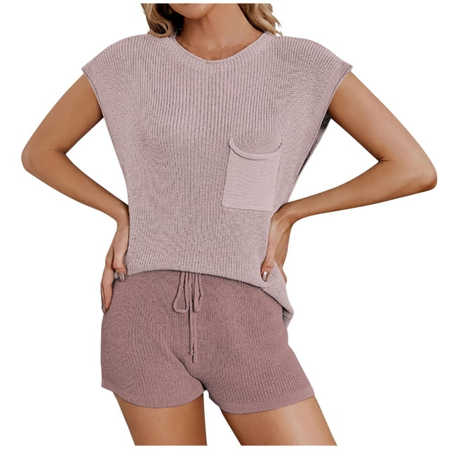 Yuyuzo Ensembles d'Été 2 Pcs pour Femmes, Hauts à Manches Cap et Col Ras du Cou, Shorts à Cordon, Ensembles Décontractés de Détente