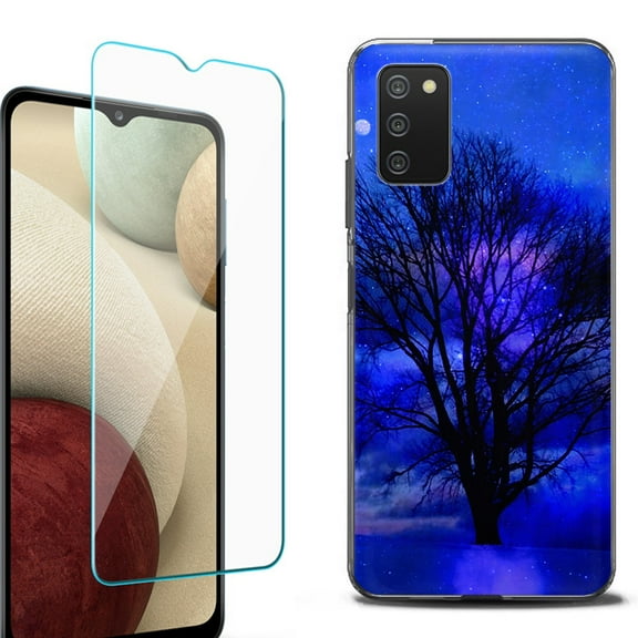 Slim-Fit Protective Fashion Phone Case (Black) for Samsung Galaxy A03s, with Tempered Glass Screen Protector, by OneToughShield ® - Night Tree