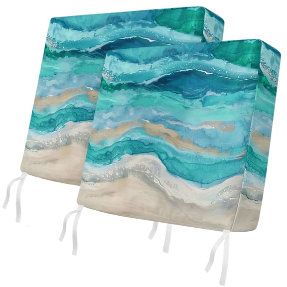 Outdoor Patio Cushion Covers 2 Pack Turquoise Chair Cushion Seat Pads with Ties & Zipper Waterproof Seat Cover Beach Ocean Wave Abstract Chair Slipcovers for Outdoor Furniture Couch Sofa 20x18 Inch