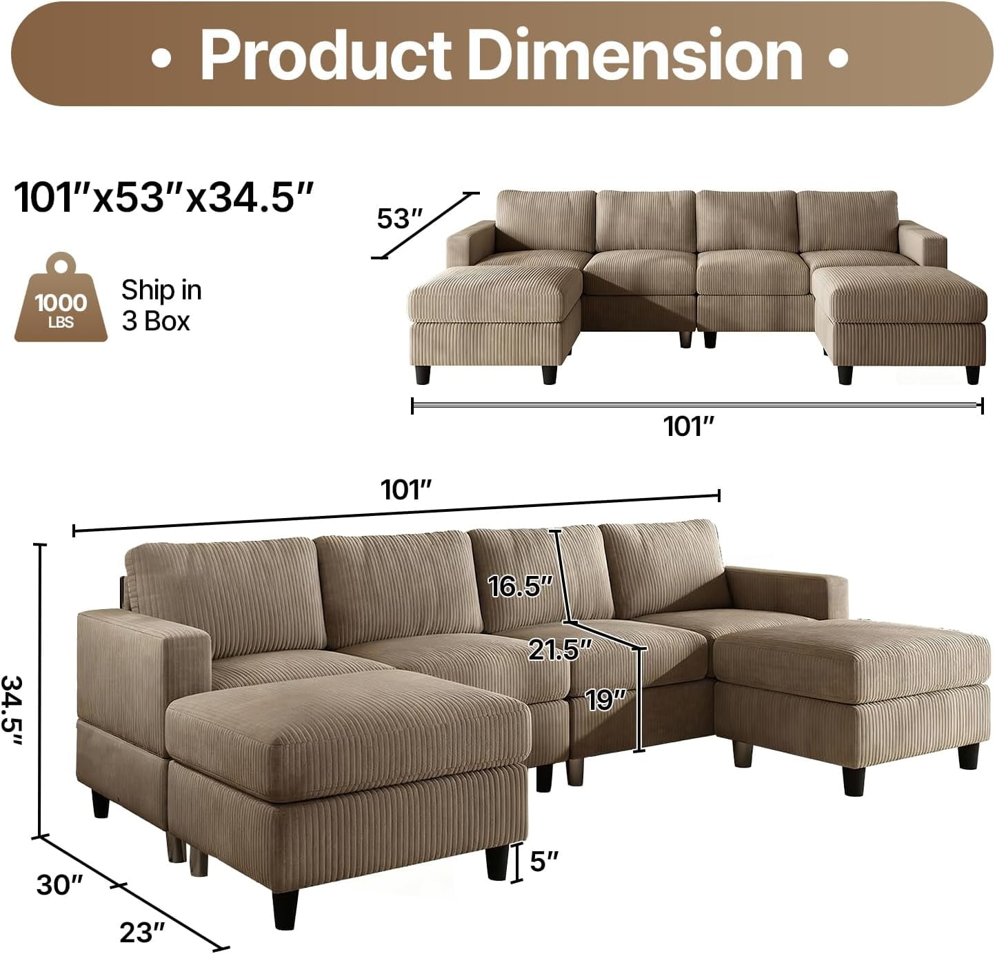 AENKYO U-Shaped Sectional Sofa Couch with 2 Ottomans, Convertible 4-Seat Living Room Furniture with Removable Cushions, Brown