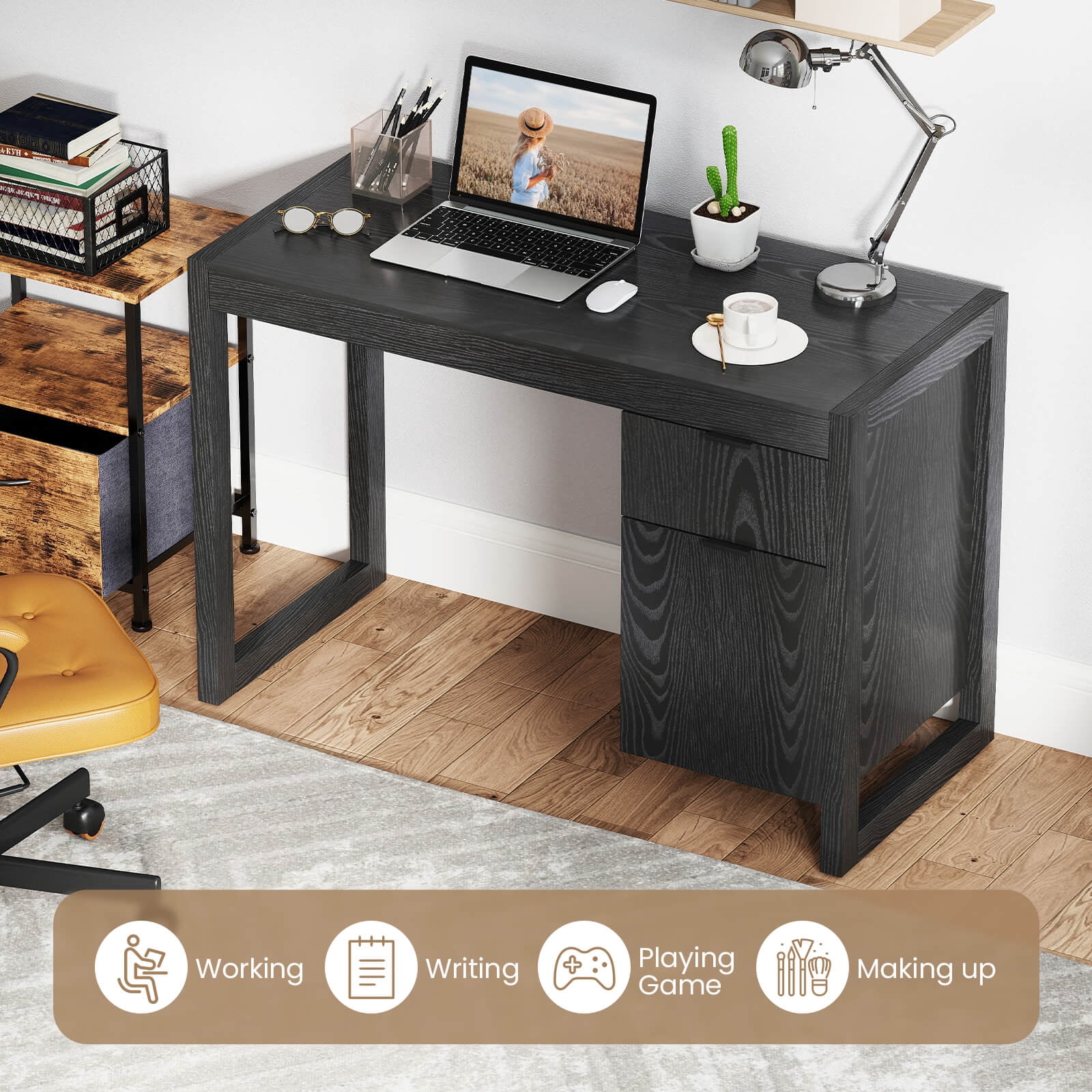 Costway Computer Desk with Storage Cabinet Pull-out Drawer Stable Thick Legs for Bedroom Black