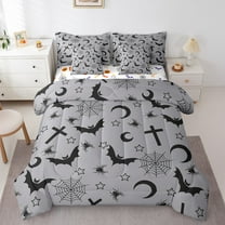 Halloween Bats Comforter Set 7 Piece Bed in a Bag Twin,Gothic Bedding Set Stars Moon Silhouette Sheet Set with Comforter,Tombstones Halloween Decor Spider Webs Halloween Decorations,Grey Bed Set