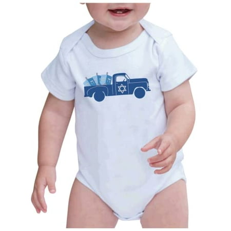 

7 ate 9 Apparel Kids Happy Hanukkah Shirts - Vintage Truck with Dreidels - White Onepiece 6-12 Months