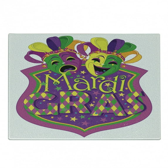 Mardi Gras Cutting Board, Comedy and Tragedy with Mardi Gras Carnival Blazon Design, Decorative Tempered Glass Cutting and Serving Board, Small Size, Purple Green Yellow, by Ambesonne