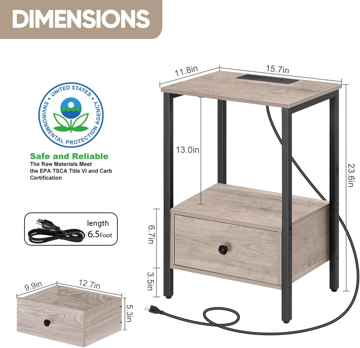 Oumilen Modern Adult Nightstand with Charging Station, Light Oak