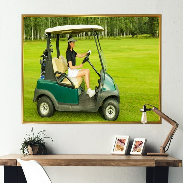 Designart Large Golf framed wall Art, Solitude with Golf Cart I , Golf framed wall art decor, Green Modern Gold framed wall art, 32x24 inches Gold Frame