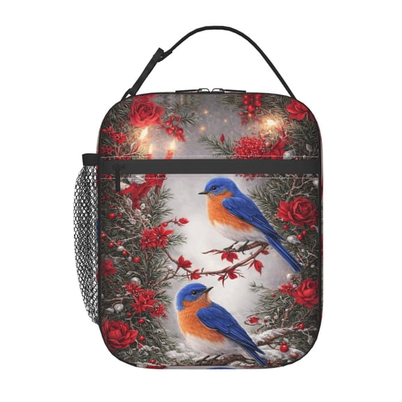 Winter Bluebird Floral Wreath Art Lunch boxs Portable Thermal Lunch Bags