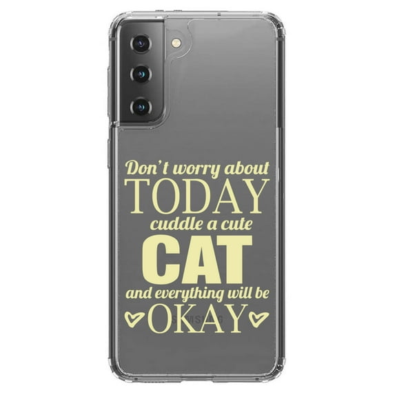 DistinctInk Clear Shockproof Hybrid Case for Galaxy S21 5G (6.2" Screen) - TPU Bumper Acrylic Back Tempered Glass Screen Protector - Cuddle a Cat Everything Will Be Okay