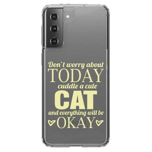DistinctInk Clear Shockproof Hybrid Case for Galaxy S21  PLUS 5G (6.7" Screen) - TPU Bumper Acrylic Back Tempered Glass Screen Protector - Cuddle a Cat Everything Will Be Okay