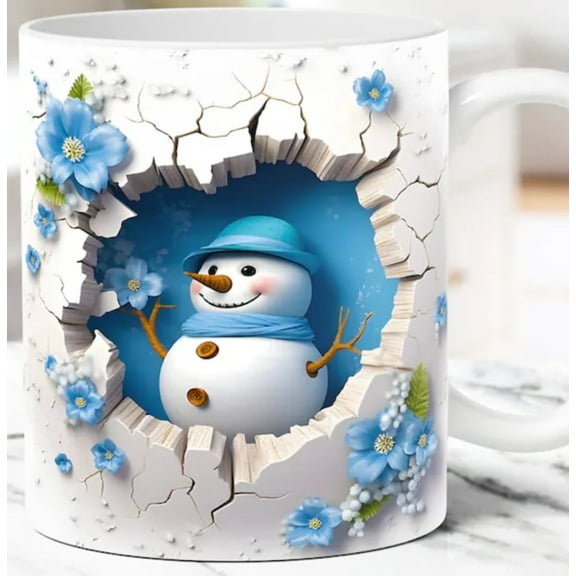 11Oz 3D-Look Snowman Printed Coffee Mug, Christmas Ceramic Mugs Coffee Tea Cup Great Xmas Gift for Friends Family Home Decor