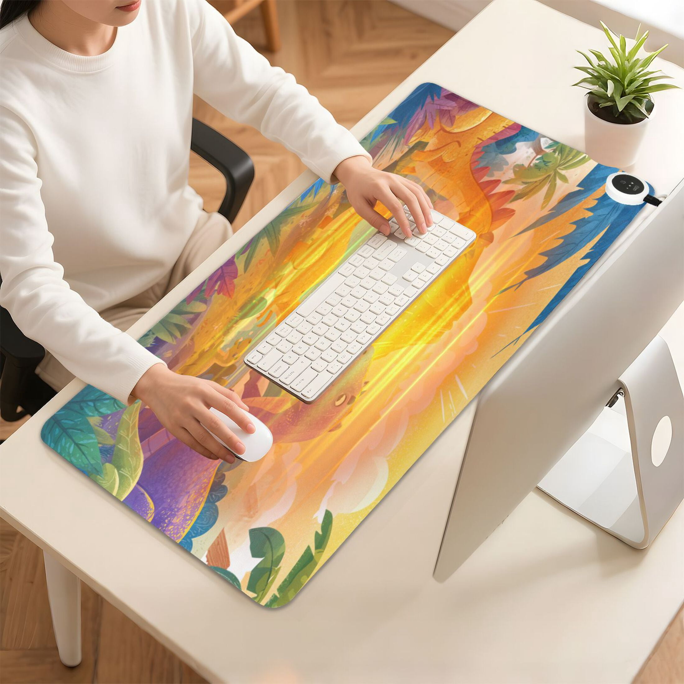 Large Heated Desk Mat Mouse Pad 31.5"x13"PU Leather Graphene Heating Desk Warmer with 3 Temperature Settings 110V US Plug Non-Slip Warm Pad for Home, Office, and Gaming Cute Dinosaur Volcano Scene
