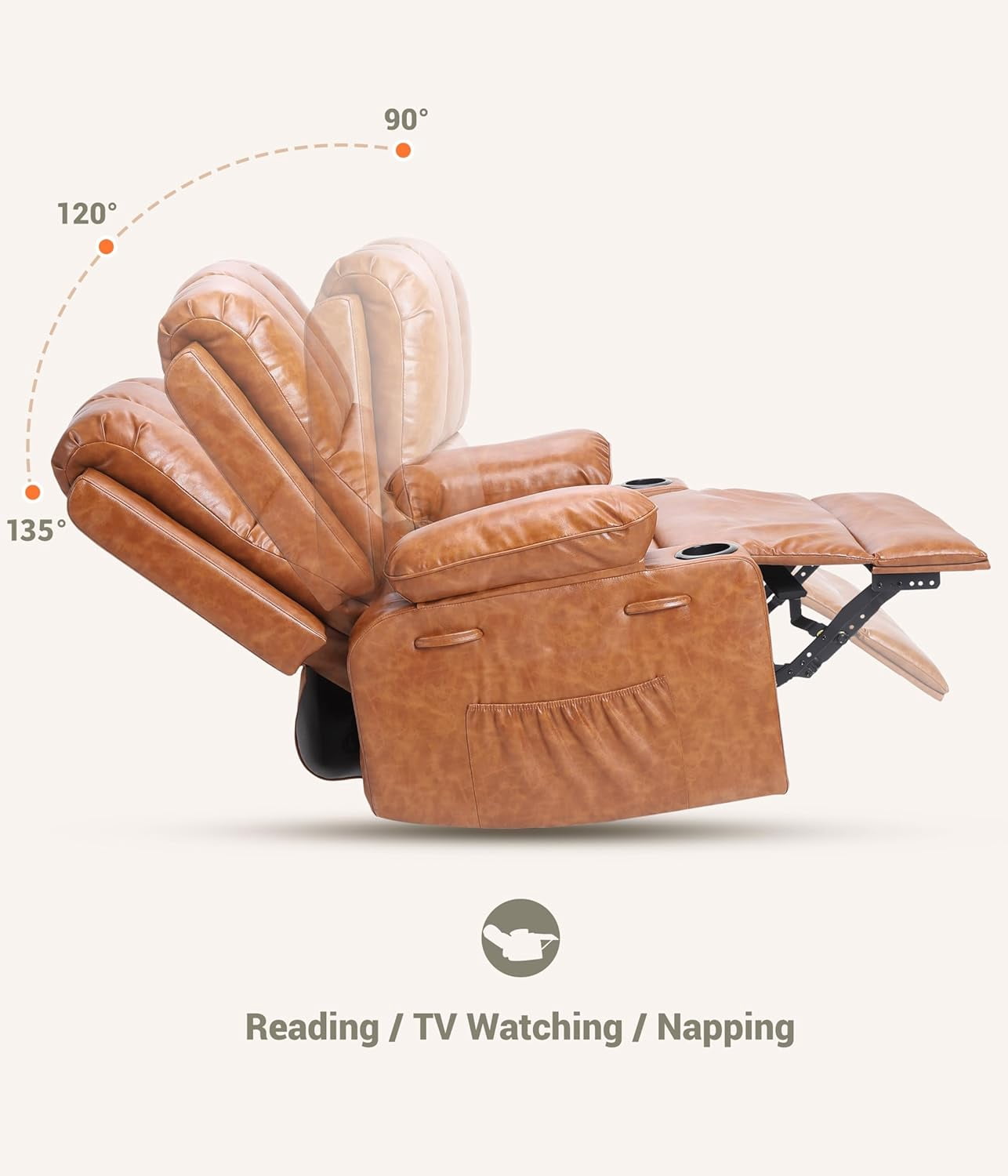 22’’ Rocker Recliner Chair, Lazy Boy Recliner Chair with 1.5X Sponge Filling, PU Leather Swivel Recliner with Side Pockets and Cup Holders, for Living Room, Bedroom, Nursery, Vintage Leather