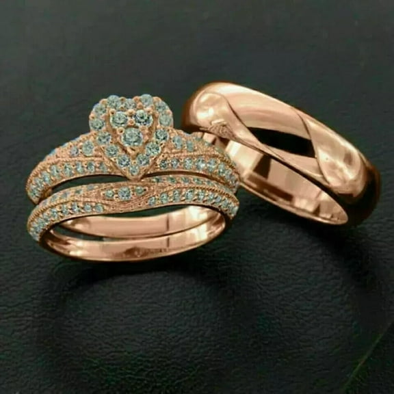 TAAPSEE JEWELS White Round Cut Diamond 14K Rose Gold Plated His Her Wedding Trio Ring