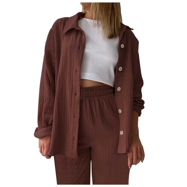 Conjunto de 2 piezas para mujer: pantalones anchos y blusa con cuello en V - Ropa informal con cintura elástica - Poliéster, S-XL