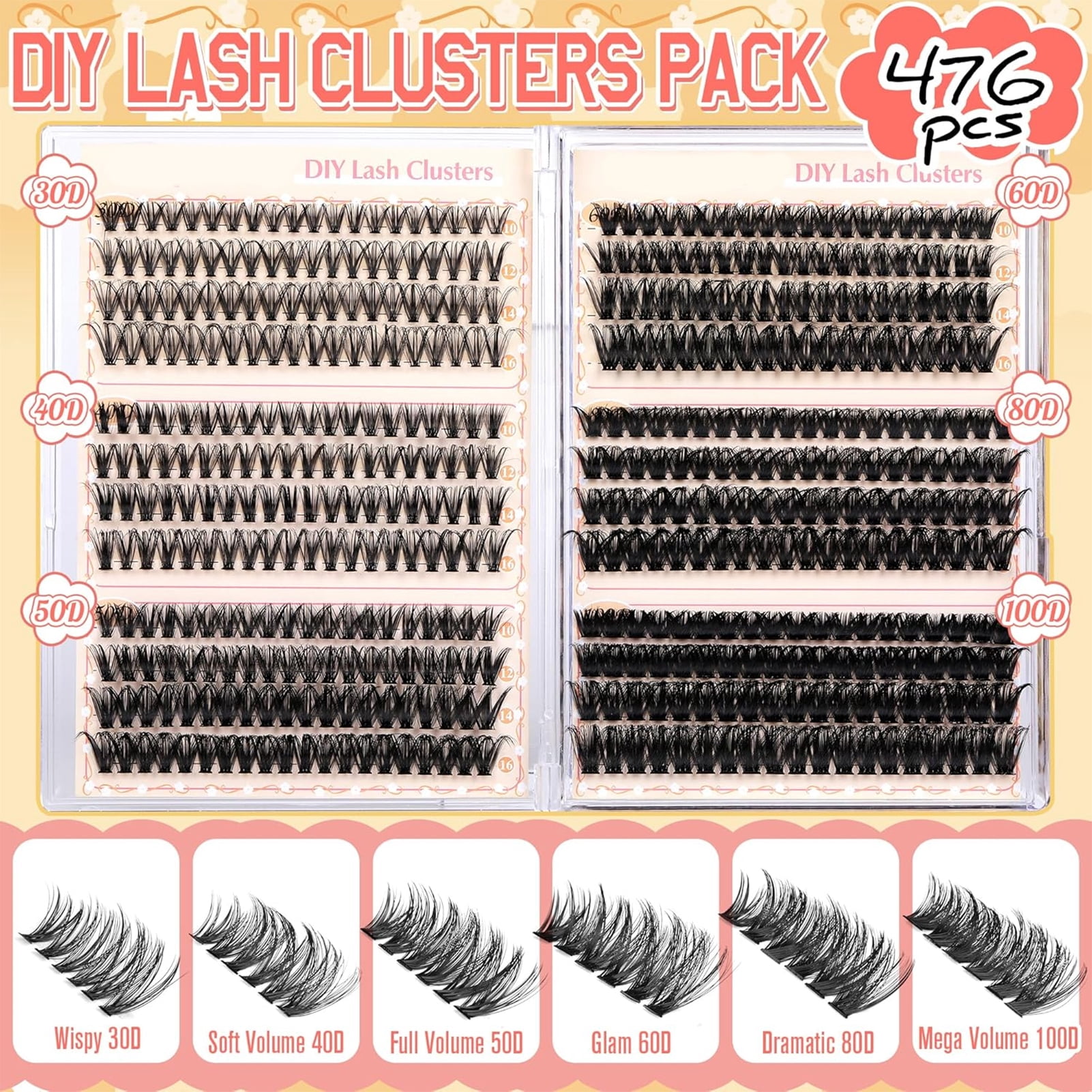 Eyelash Clusters 30D+40D+50D+60D+80D+100D Lash Clusters Wispy Individual Lashes 480PCS D-curly Lash Extension 10-16MM Natural Lashes Clusters DIY Cluster Eyelash Extensions for Beginners