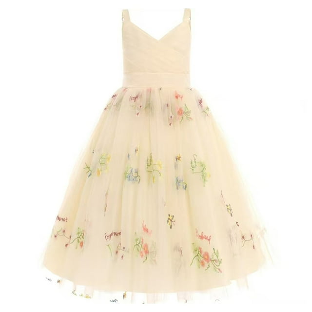 Robes de Printemps pour Filles Robe Sans Manches à Bretelles avec Broderie Florale Robe de Princesse en Dentelle pour Enfants Beige 8 Ans-10 Ans