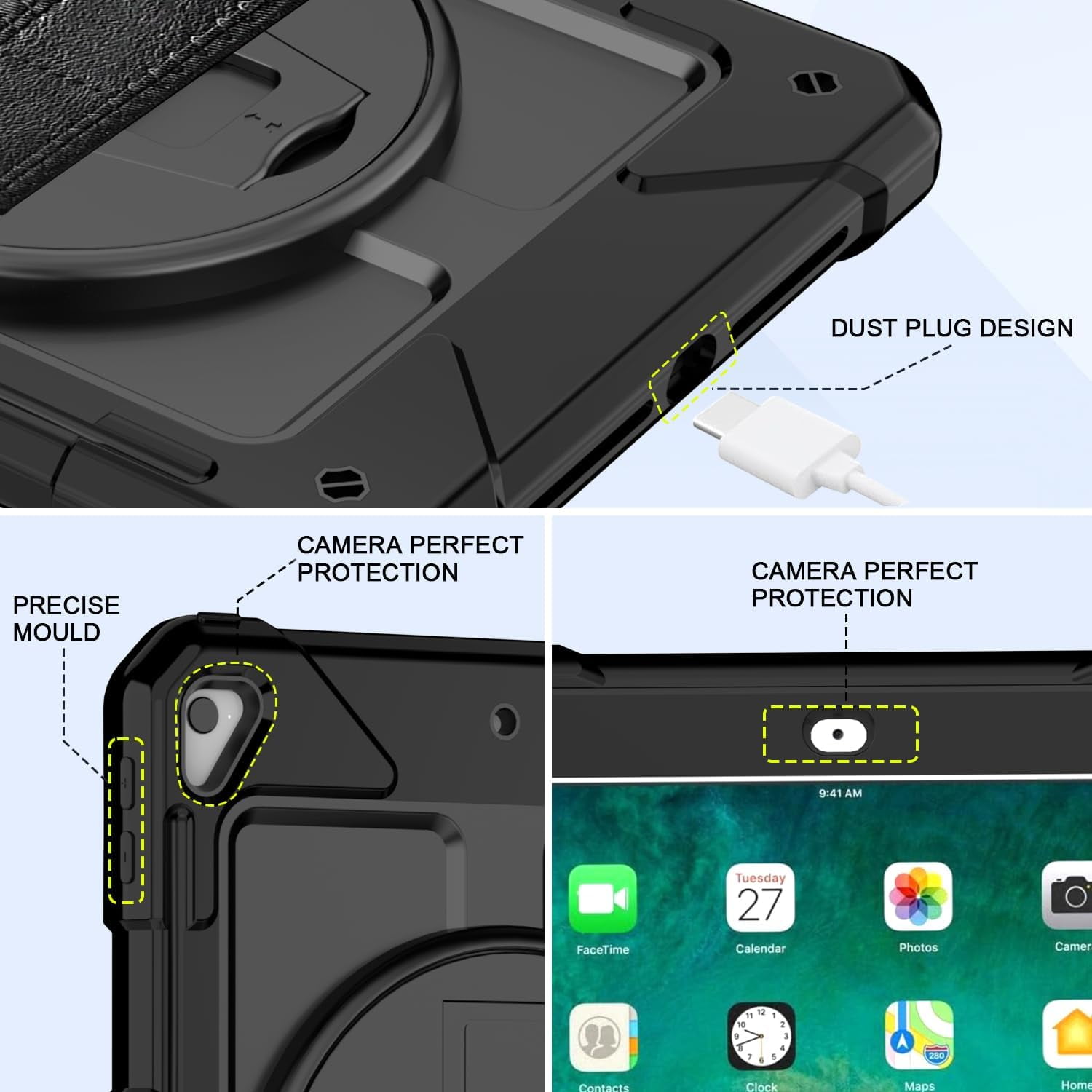 SUPNICE iPad 6th/5th Generation Case, iPad Air 2 Case, iPad 9.7 Case 2018/2017,iPad 9.7 Pro Case,Shockproof [360 Rotating Stand][Hand Strap][Pencil Holder] Case, Black
