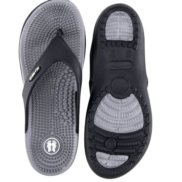 Relaxus Flip Flops –  Massage Sole – Reflexology Sandals – Arch Support – Shock Absorbing – Anti Slip – Lightweight  Size: Small - 7   Women"s  Black/Grey