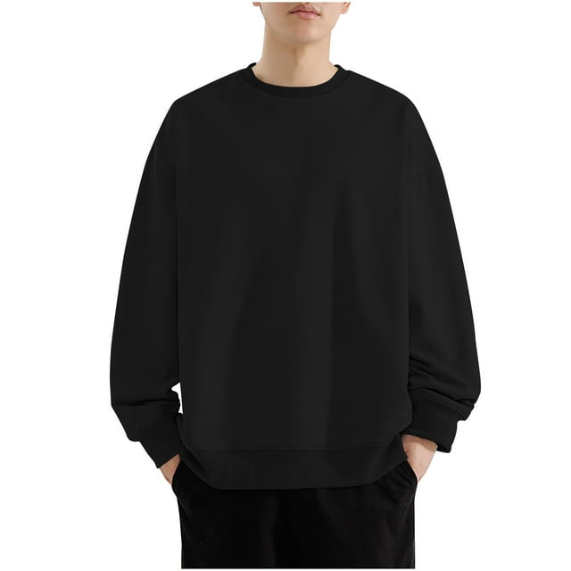 Jalioing Pullover Tops for Men Casual Loose Long Sleeve Crew Neck Sweatshirts Lightweight Solid Color Basic Shirts