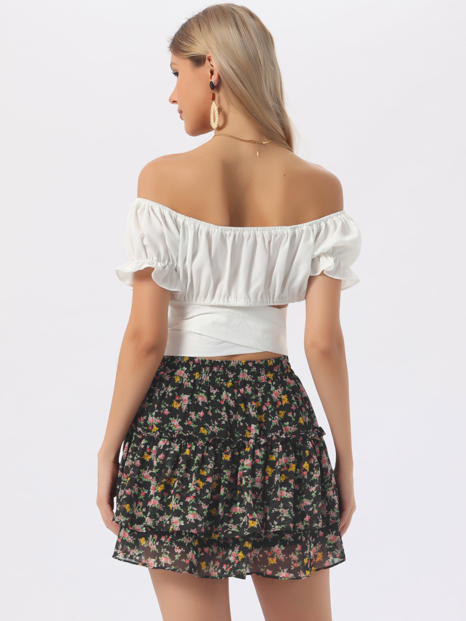 DARING DIVA Women's Floral Tiered Ruffle Print Chiffon A-Line Mini Skirt XL Black Yellow