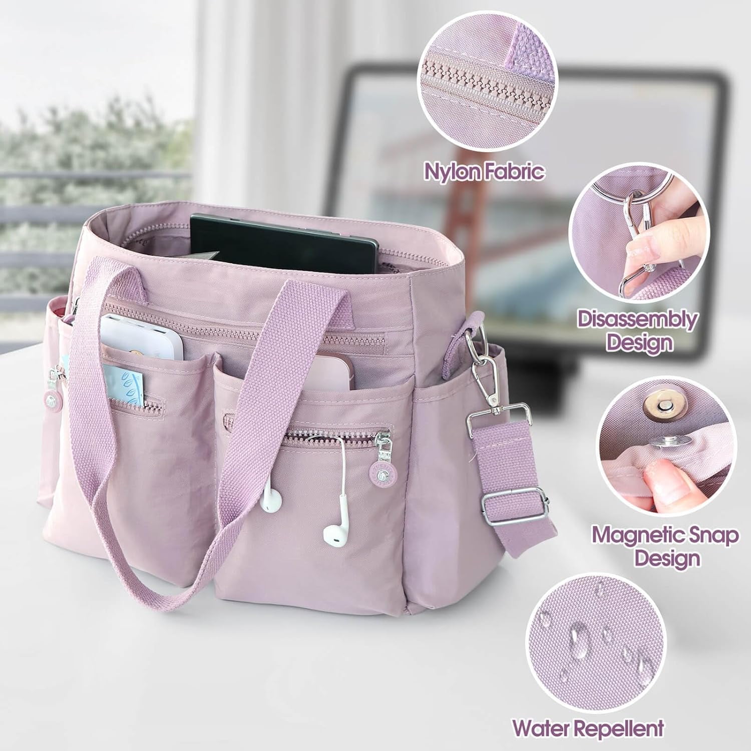Canvas Tote Bag with Multi Zipper Pockets Crossbody Tote Bag for Women Large Shoulder Handbag Tote Bag with Compartments
