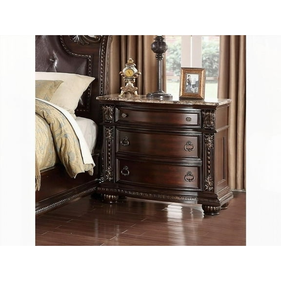 Traditional 3-Drawer Nightstand with Marble Top Rich Cherry Solid Wood