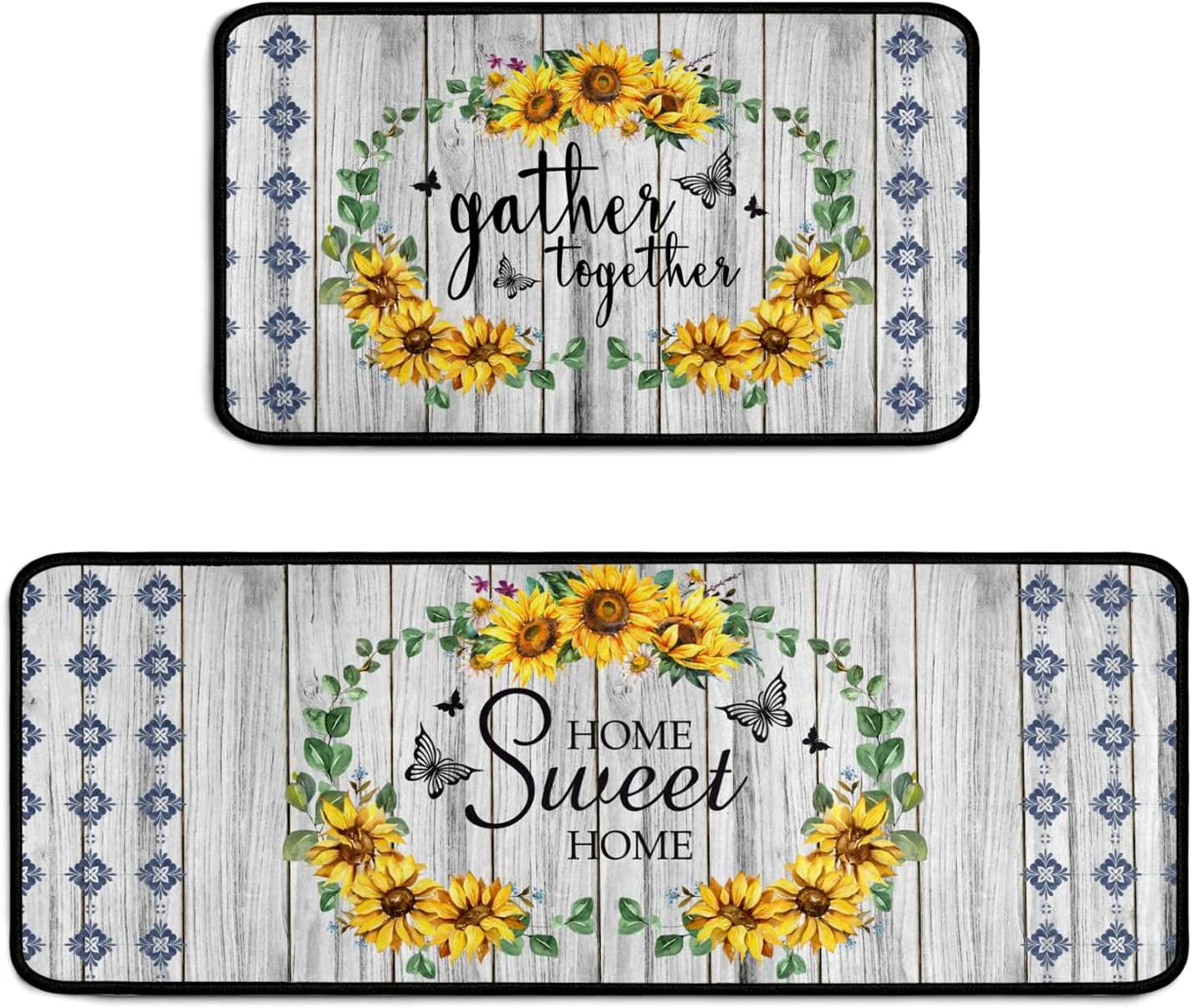 Sunflower Kitchen Rug 2 Pieces Set, Farmhouse Washable NonSlip Decor Carpet, Home Cushioned
