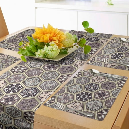 

Antique Oriental Table Runner & Placemats Flowers in Honeycomb Look Frames Rhythmic Pattern Set for Dining Table Decor Placemat 4 pcs + Runner 16 x90 Pale Tan Dark Taupe Grey by Ambesonne