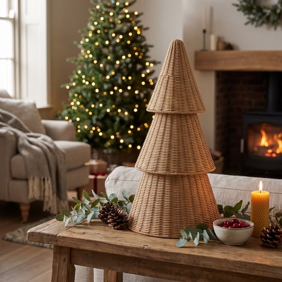 Whyan Woven Christmas Tree Decor, Tabletop Tree Ornament, Vintage Holiday Centerpiece for Mantel Shelf Table Village Garden Party Display