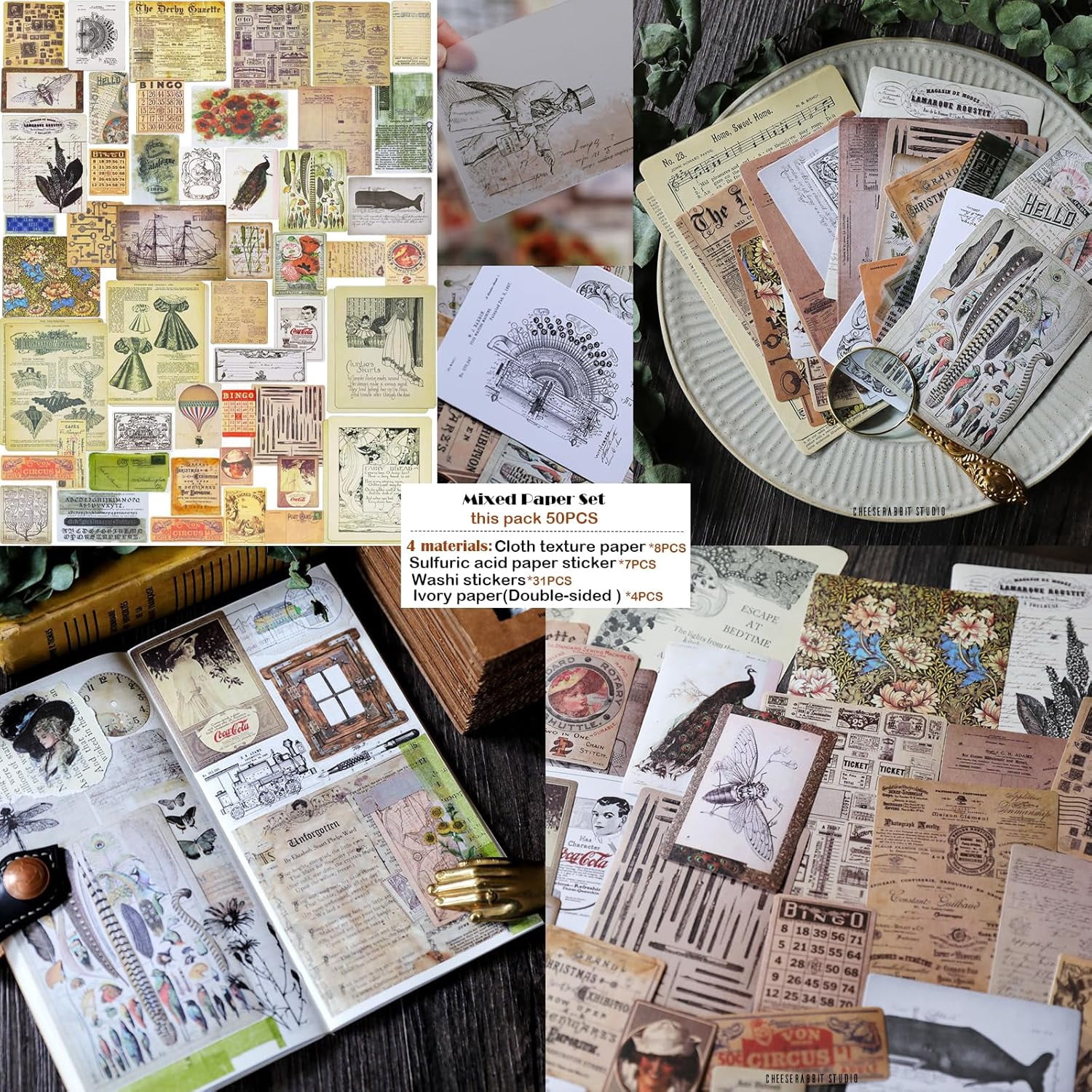 4 Packs Vintage Junk Journal Mixed Media Paper and Stickers Collage Kit Journaling Decoupage Supplies for Adults Scrapbook Craft Starter Ephemera Embellishments Photo Frame Album Art Aesthetic Decor
