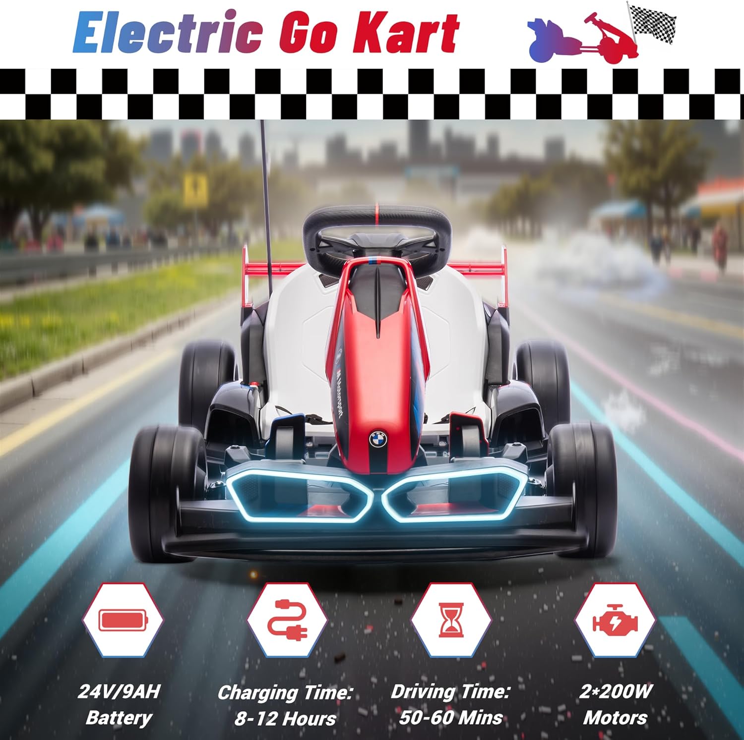 24V 9AH Electric Go Kart with Adjustable Seat,Licensed BMW 7.5 MPH Drift Kart for Kids Age 6-12, 2 * 200W Motors, Drift Mode and 2 Speed, Red