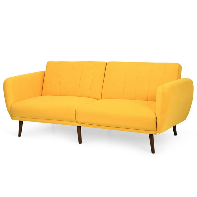Giantex Canapé-Lit Futon Convertible, Causeuse Moderne en Tissu de Lin avec Dossier Séparé et Ajustable, Canapé-Lit pour Bureau à Domicile, Jaune