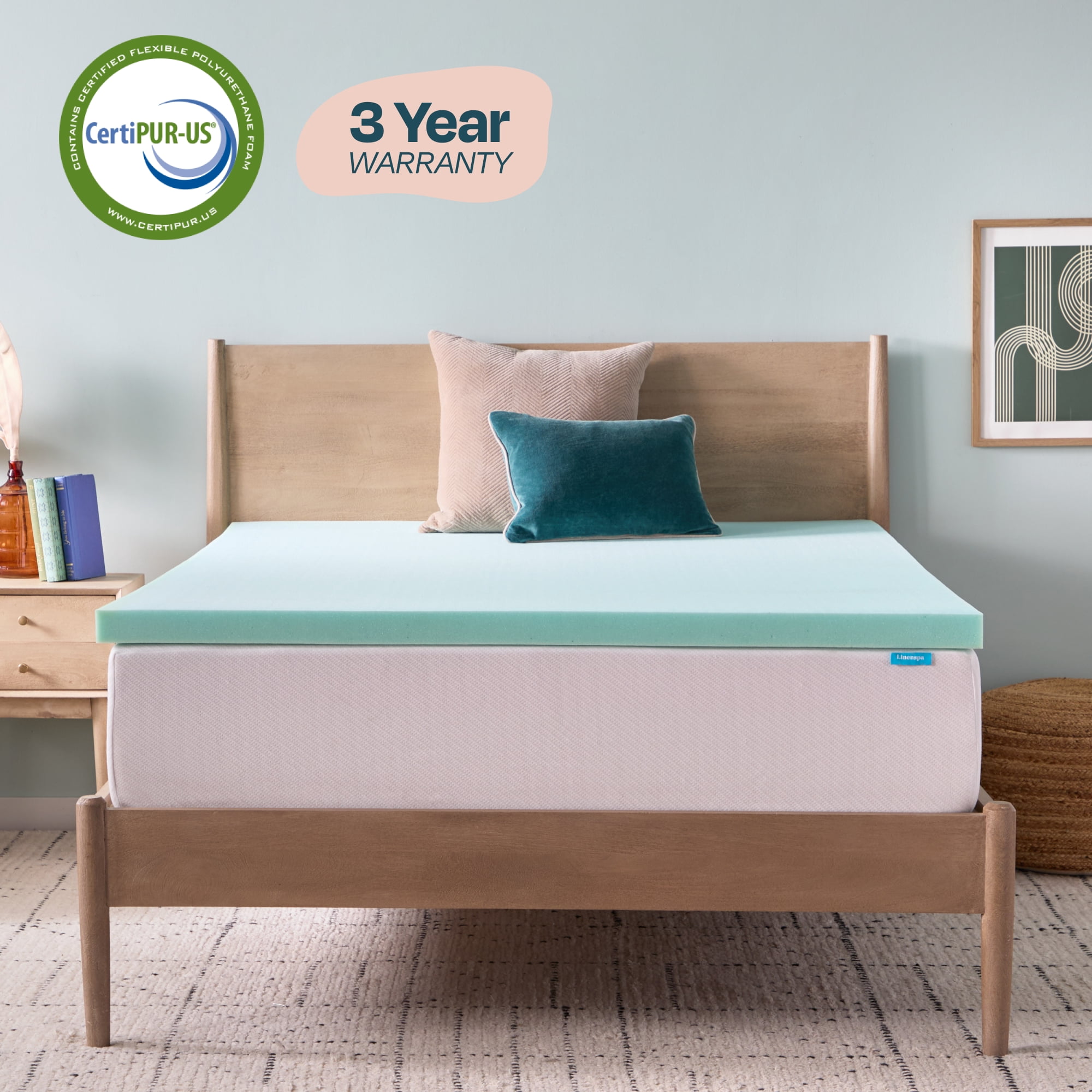 Linenspa 2" Cooling Gel and Green Tea Infused Memory Foam Mattress Topper, Full