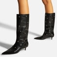 thumbnail image 4 of FSJ Women Trendy Rivets Studded Kitten Low Heel Mid Calf Boots Pull On Faux Leather Booties Pointed Closed Toe Comfort Dressy Shoes Size 5 Black, 4 of 4