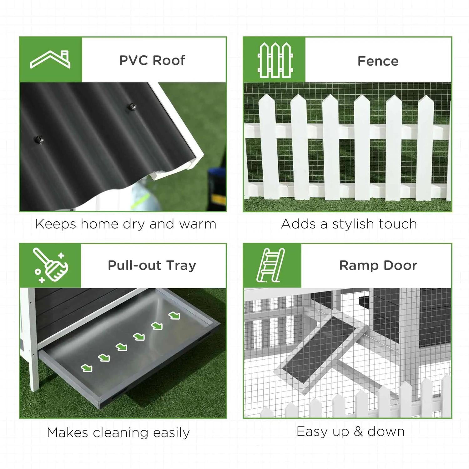 Pefilos 67" Large Chicken Coop Rabbit Hutch, Outdoor Wooden Poultry Cage Hen House with Nesting Box, Run for Garden Backyard, Gray