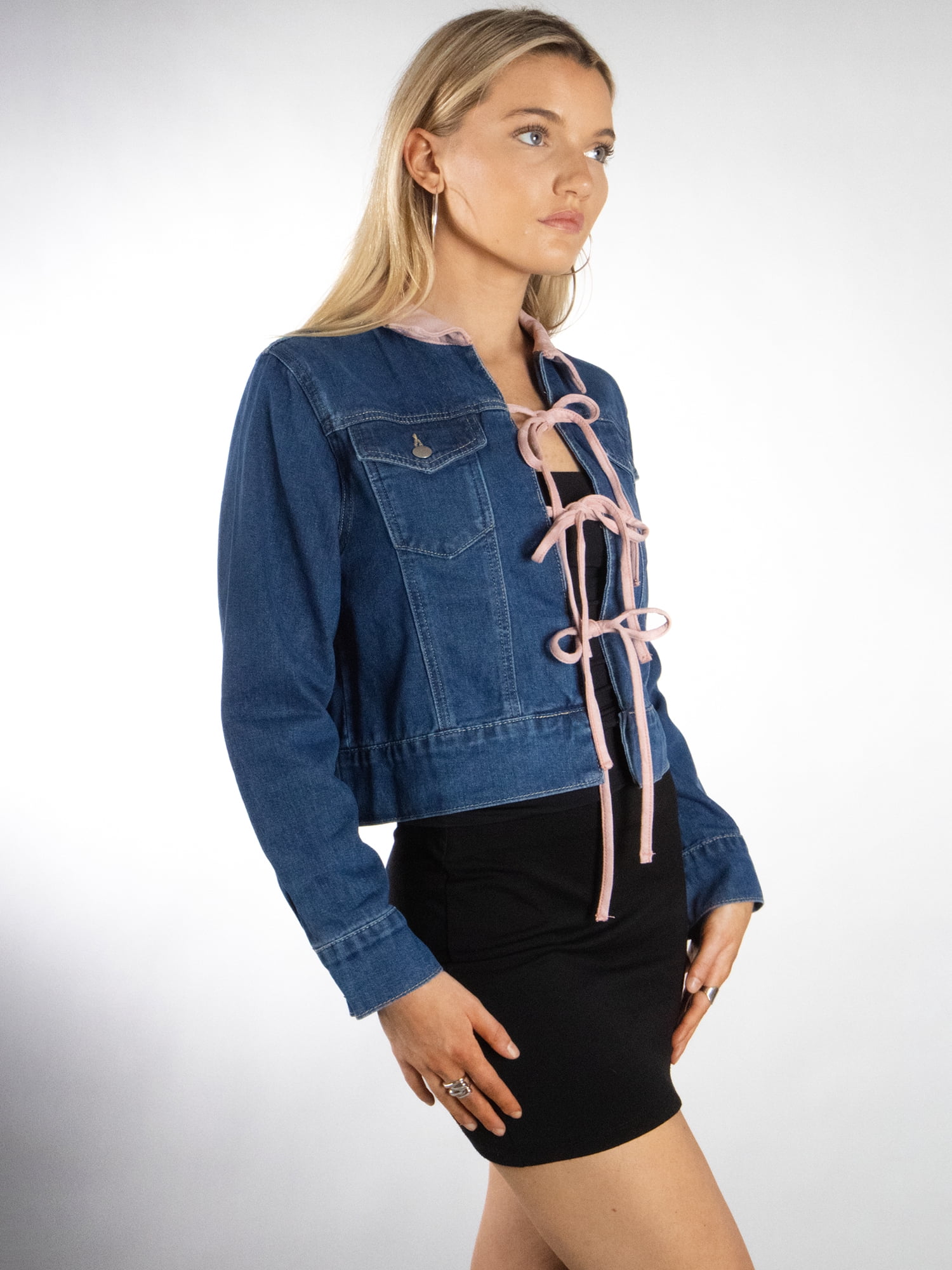 DARING DIVA Women's Stylish Triple Tie Denim Jacket XL Medium Denim Blue Pink