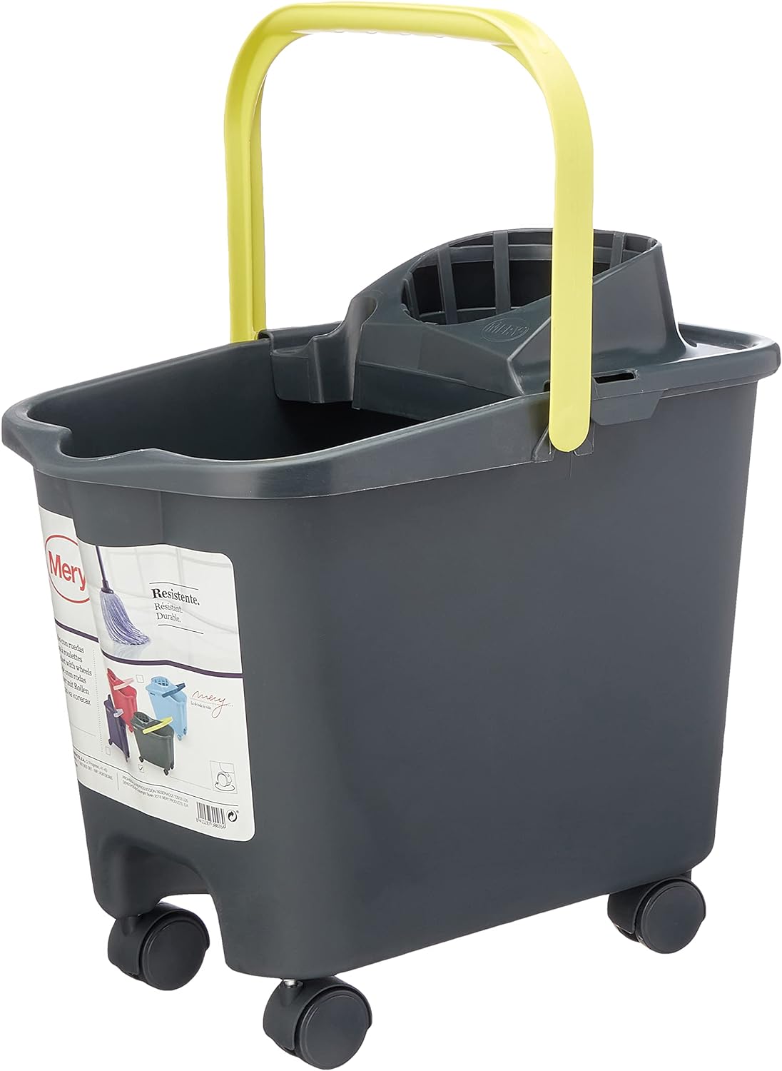 Mery Cleaning Bucket with Wheels, Gray & Green 14L, 15 inches, Wringer Included, Plastic