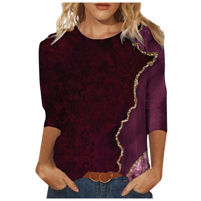 CHOK Chemises à Manches 3/4 pour Femmes, Col Rond Décontracté, Imprimé, Chandail d'Été Tendance, Blouses Douces et Confortables, Jaune P