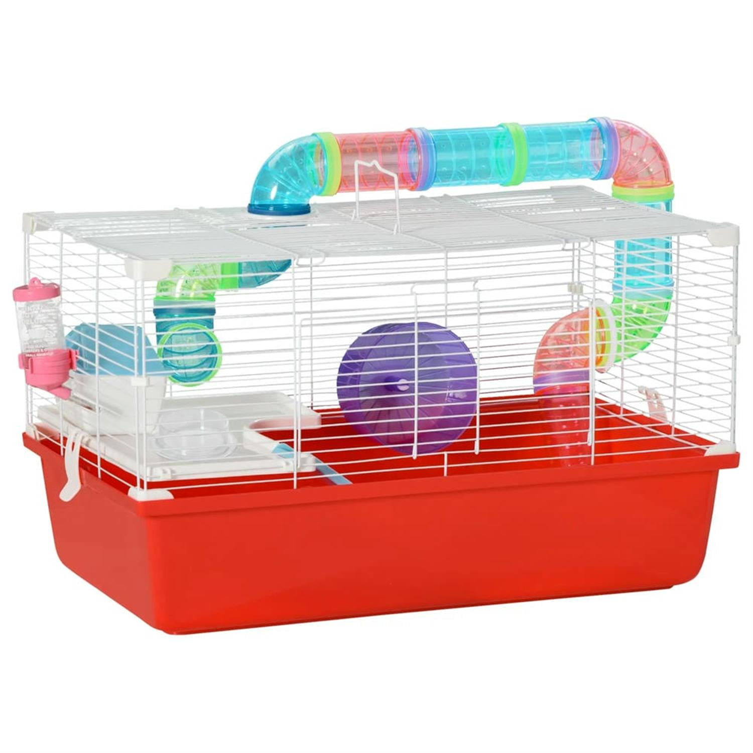 Kadyn 23" 2 Tiers Hamster Cage, Rodent Gerbil Mouse Mice Rat Wire Cage with Exercise Wheels and Water Bottle for Small Animal Habitats, Red