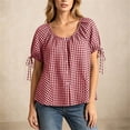 thumbnail image 4 of cocolona Womens Summer Plaid Tops Crew Neck Short Sleeve Tie Button Shirts Dressy Casual Loose Blouses, 4 of 6
