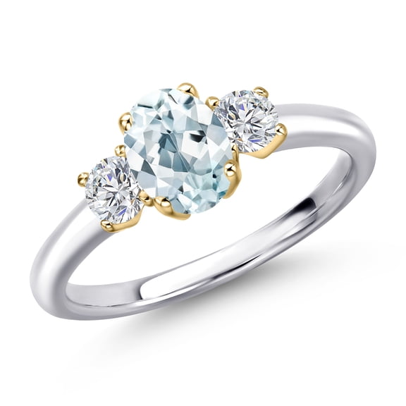 Gem Stone King 10K Two Tone Gold Sky Blue Aquamarine and Lab Grown Diamond Engagement Ring for Women | 1.09 Cttw | Oval 7X5MM | Gemstone March Birthstone | Size 7
