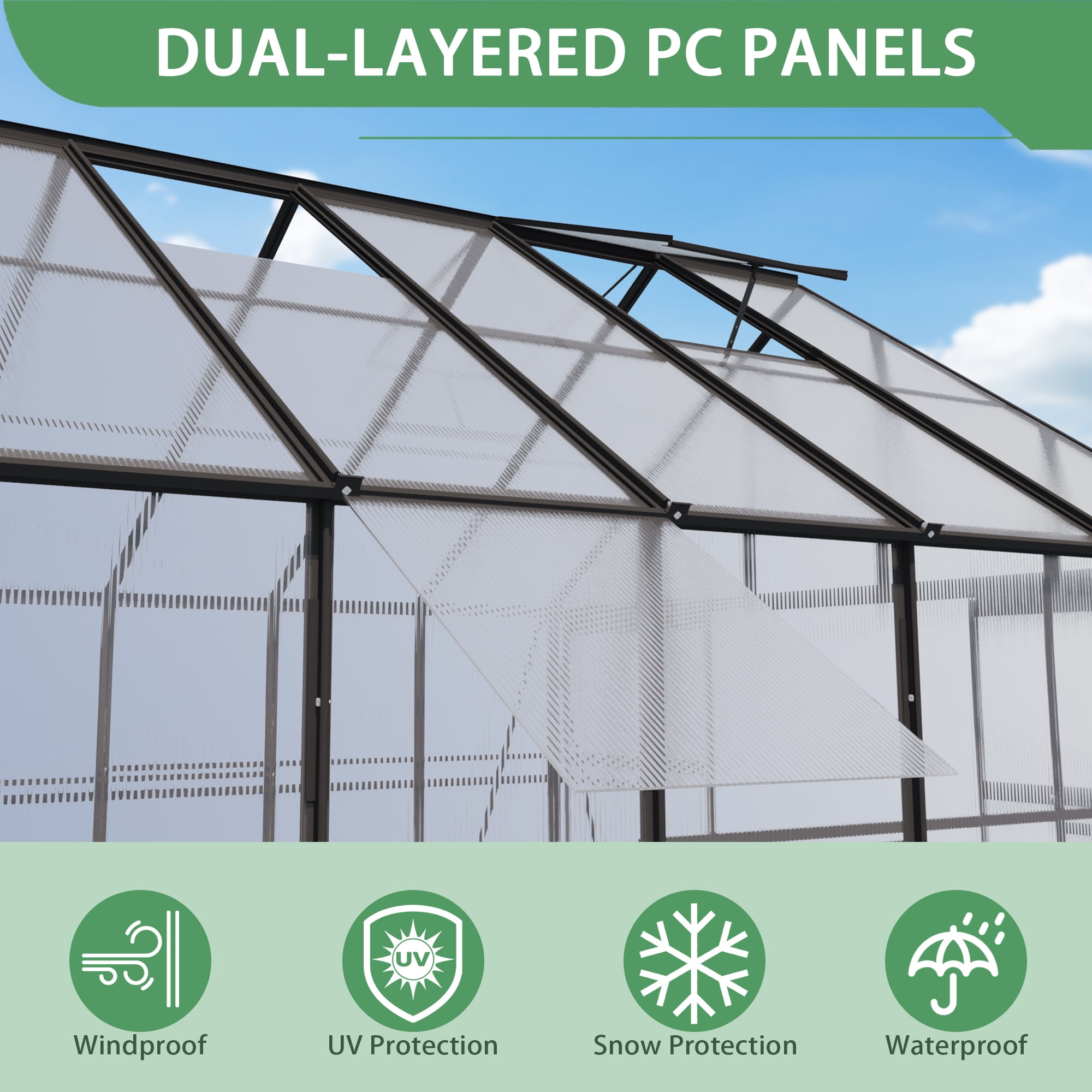 10x14 FT Outdoors Greenhouse, Walk-in Aluminum Polycarbonate Greenhouses with 4 Roof Vent Windows and Lockable Double Doors, for Plants in Winter(Black)