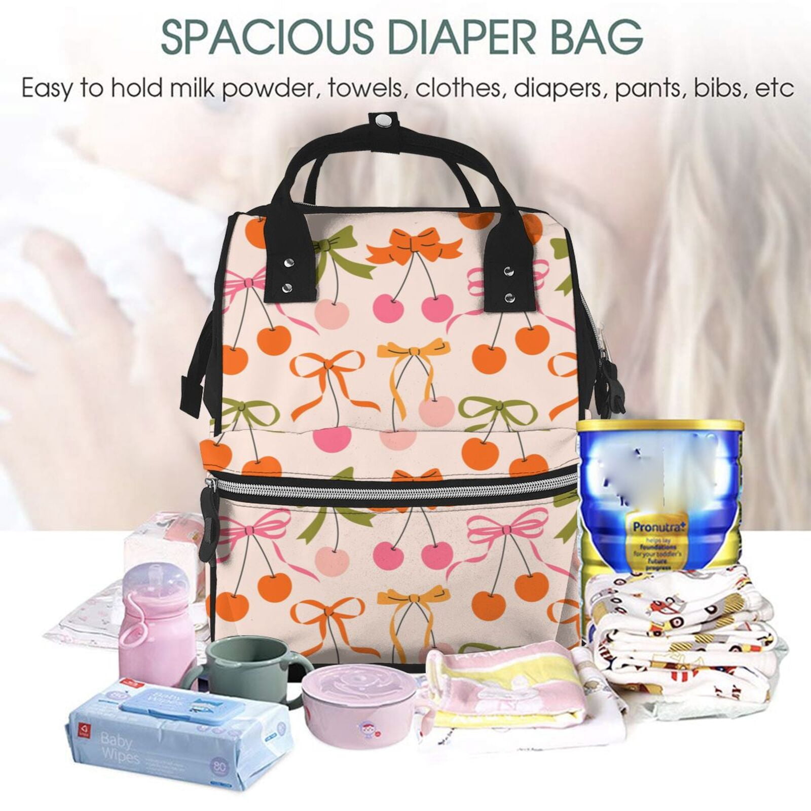 Ratiio Cherries And Bows Mummy Backpack - Waterproof Twill Canvas, Large Capacity Diaper Bag with Multiple Pockets and Adjustable Straps